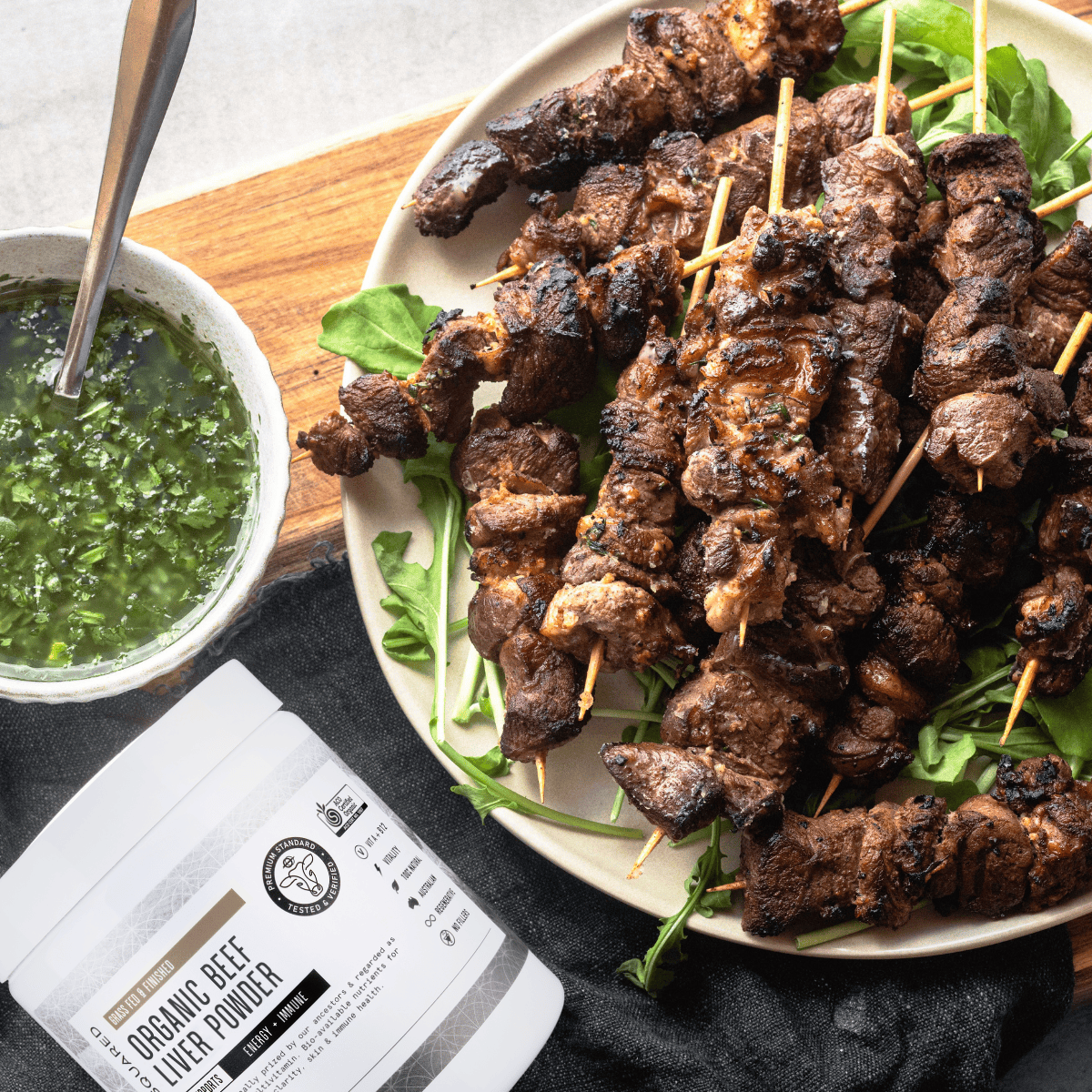 Grilled Lamb Skewers Marinated with Organic Liver Powder