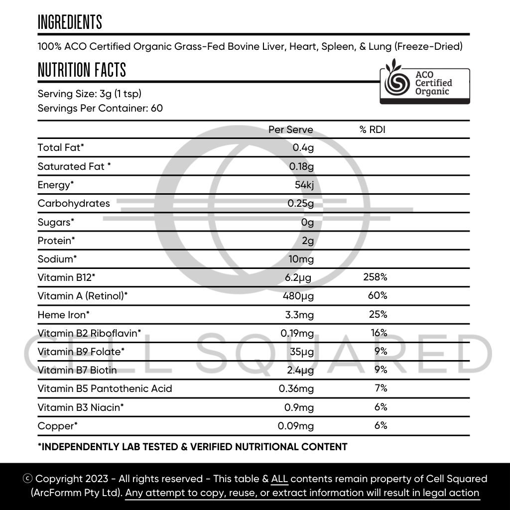 ACO Organic Grass Fed Beef Organs Powder Australia