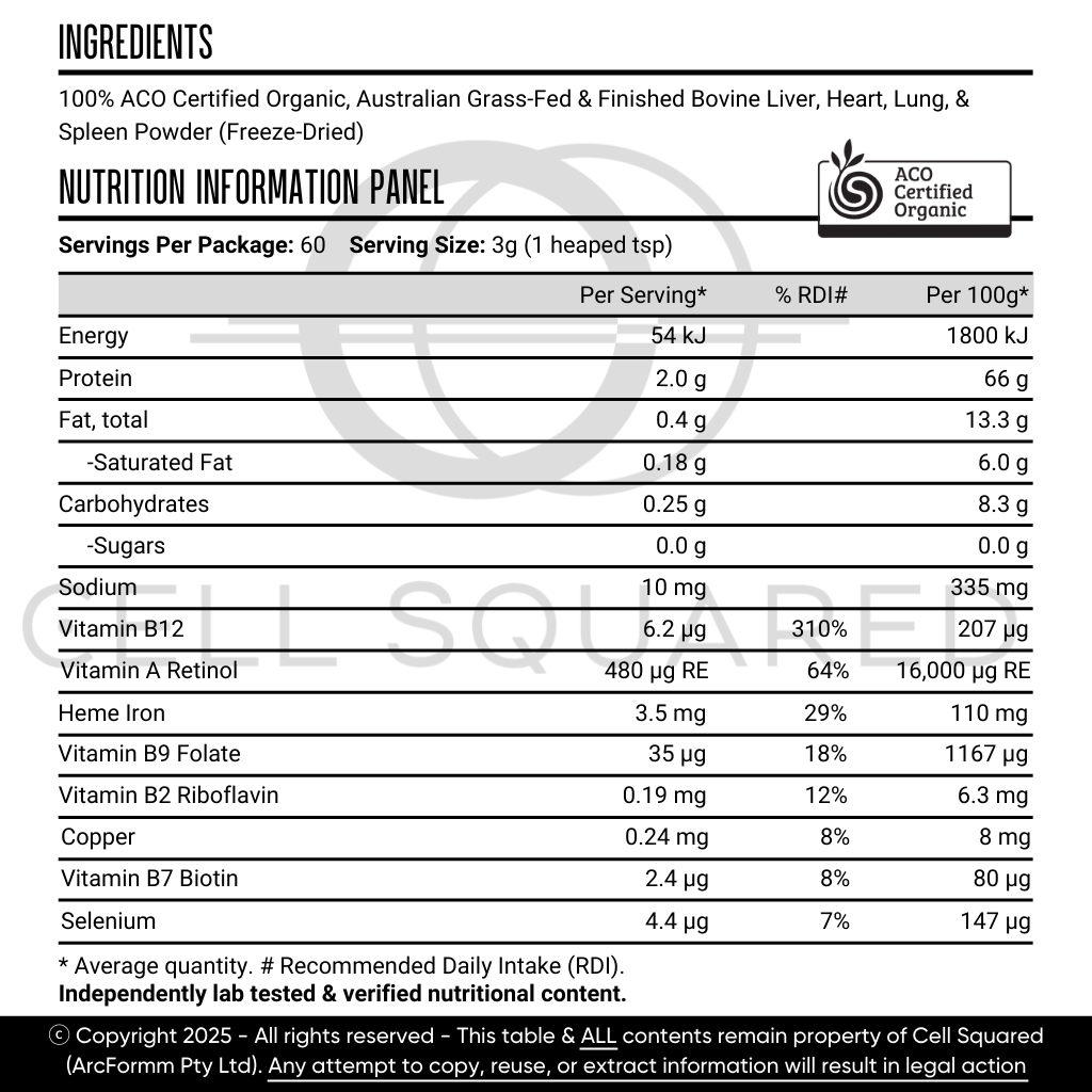 Australian Certified Organic Grass-Fed Beef Organs Powder - 130g