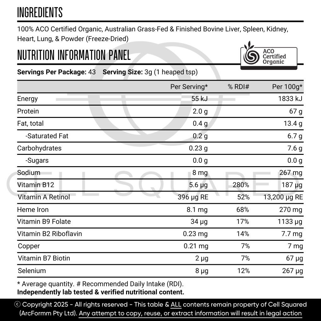 Australian Certified Organic Grass-Fed Beef Organs Powder - 130g