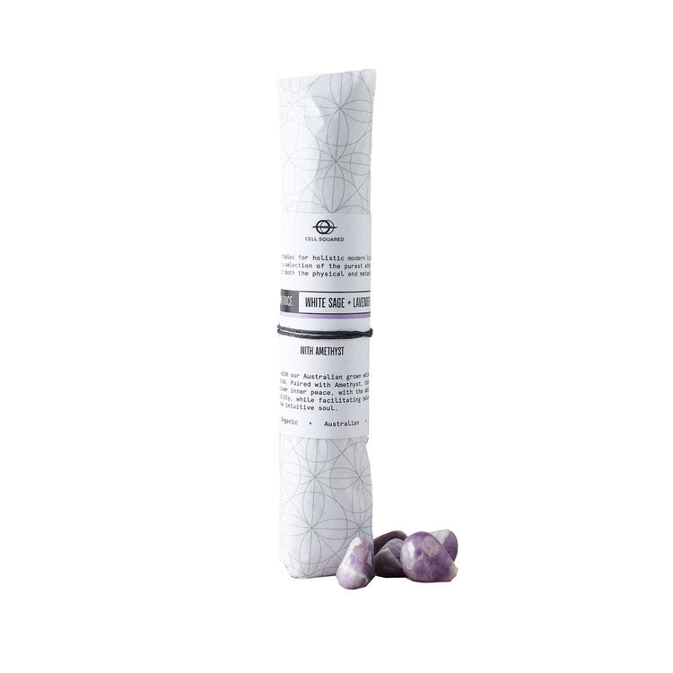 Balance - Australian Grown White Sage + Lavender Smudge Stick with Amethyst